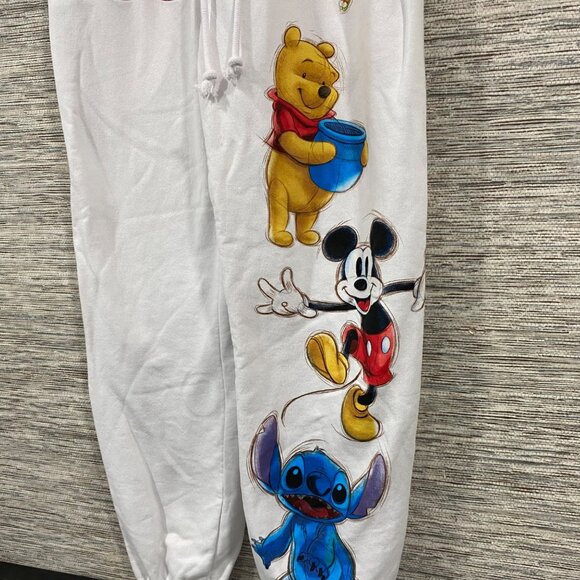 Disney 100 White Sweatpants Featuring Mickey Stitch Pooh & Tinker Bell XS Cotton - Picture 2 of 6